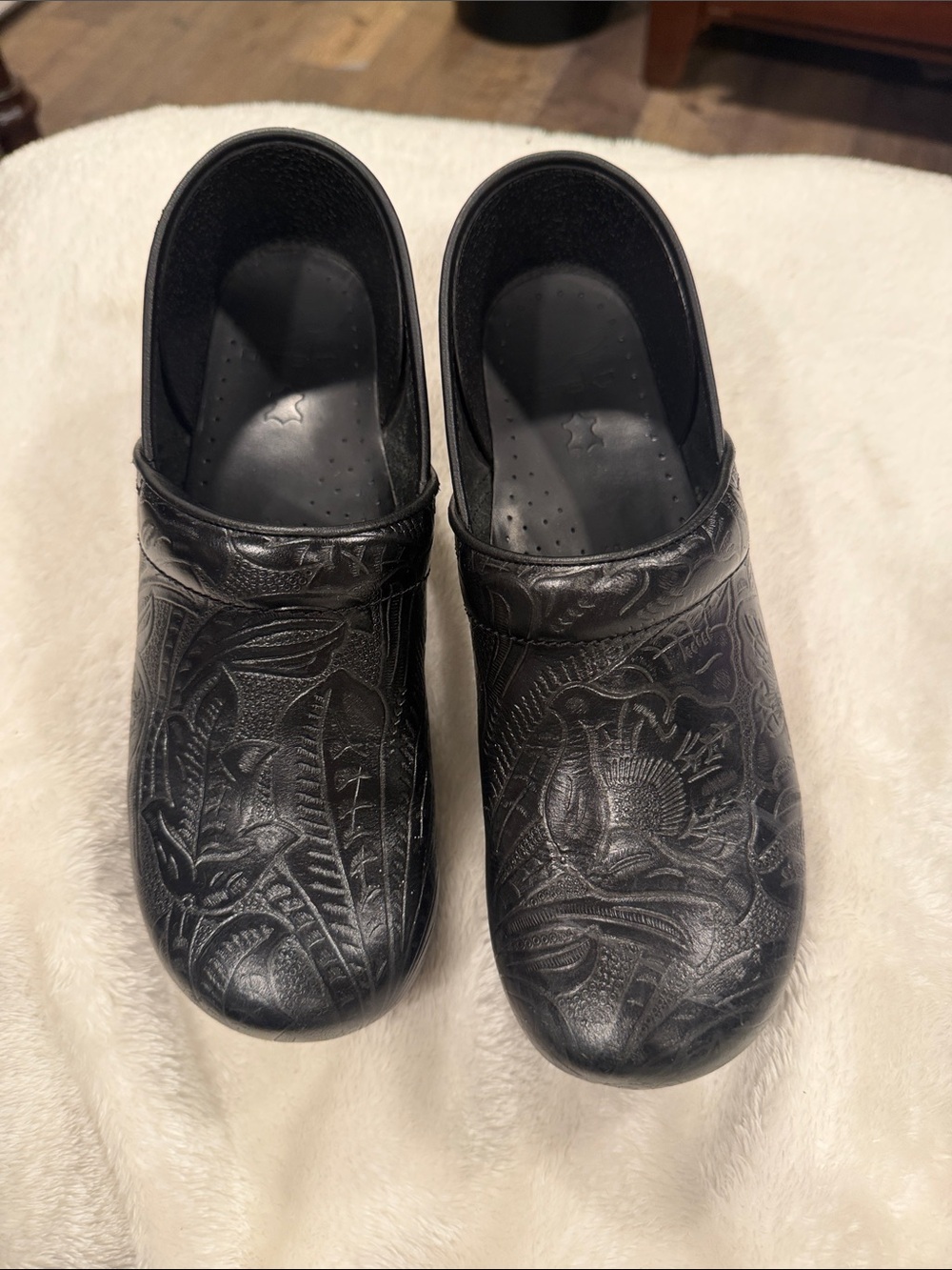 Black Embossed Slip-On Mules for Women